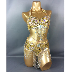 Belly Dance Costume, Women's Gold Sequin & Rhinestone Halter Bra & Hip Scarf Set with Beaded Fringe, Professional Performance Wear