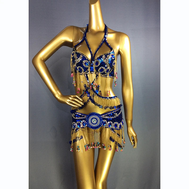 Belly Dance Costume Women's Blue Sequin Beaded Fringe Halter Top and Hip Scarf Set for Eastern Dance Performance
