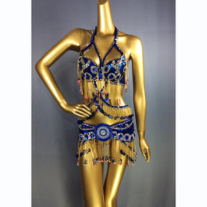 Belly Dance Costume Women's Blue Sequin Beaded Fringe Halter Top and Hip Scarf Set for Eastern Dance Performance