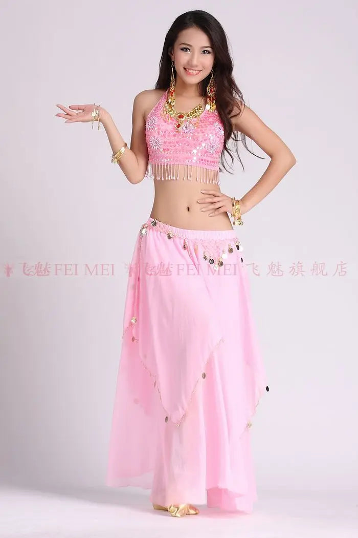 Women's Royal Blue Sequin Halter Belly Dance Costume Set with Coin Skirt