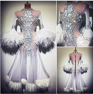 Ballroom Dress Women's White & Silver Rhinestone & Feather Embellished Mesh Long Sleeve Waltz Dance Gown