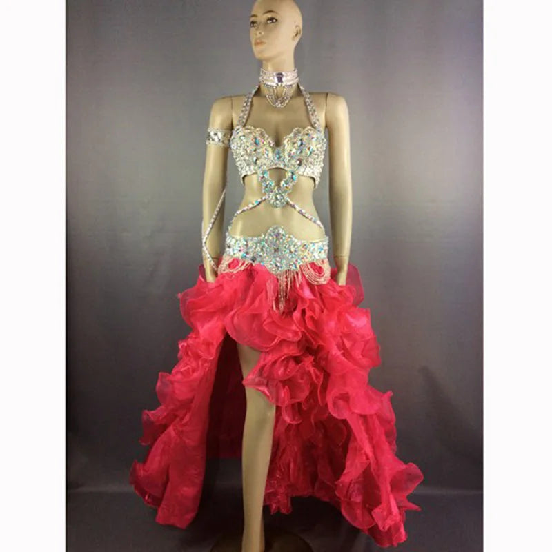 Women's White Sequin & Rhinestone Embellished Halter Neck Belly Dance Costume with Ruffled High-Low Skirt