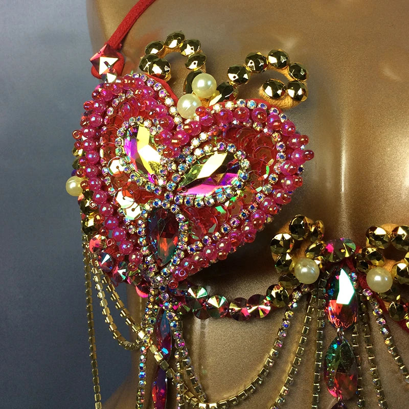 Rhinestone Heart Bra Top, Women's Red/Pink/Gold Embellished with Chains and Faux Pearls, Belly Dance/Carnival/Burlesque Costume Bra
