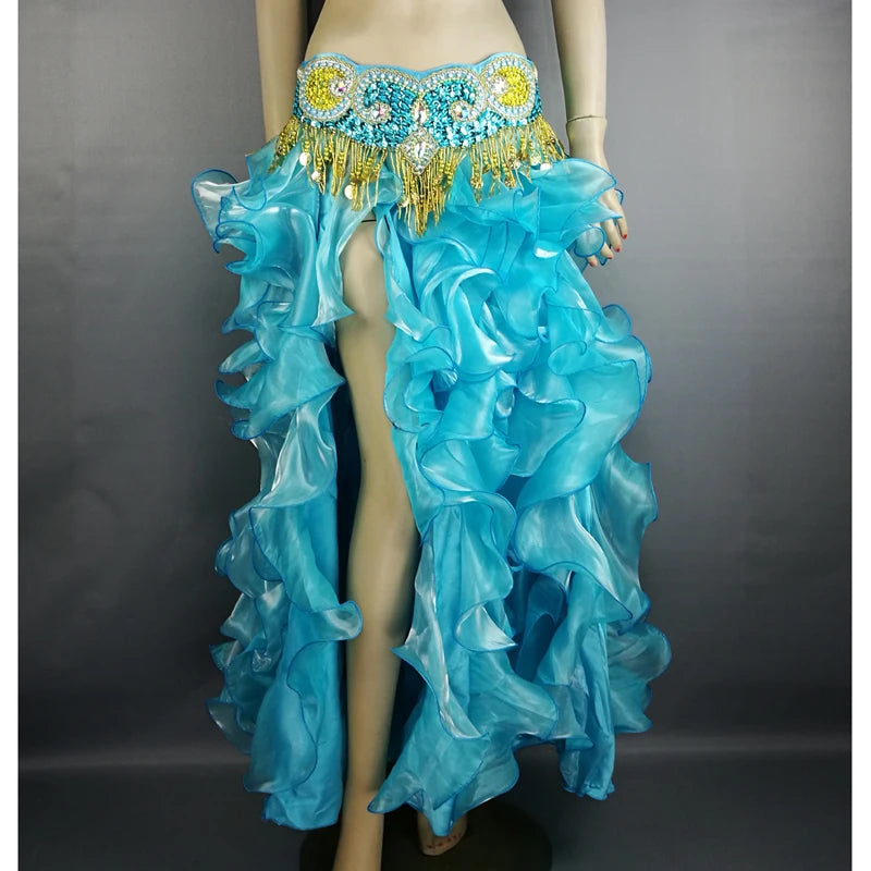Belly Dance Skirt Women Orange Beaded Sequin Hip Scarf Ruffled Organza Slit Skirt Tribal Fusion Costume