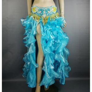 Belly Dance Skirt Women Orange Beaded Sequin Hip Scarf Ruffled Organza Slit Skirt Tribal Fusion Costume