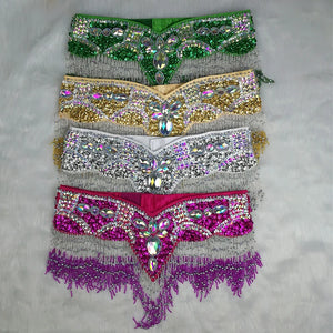 Belly Dance Hip Scarf, Women's Black & Silver Sequin Beaded Fringe Hip Belt, Tribal Dance Skirt
