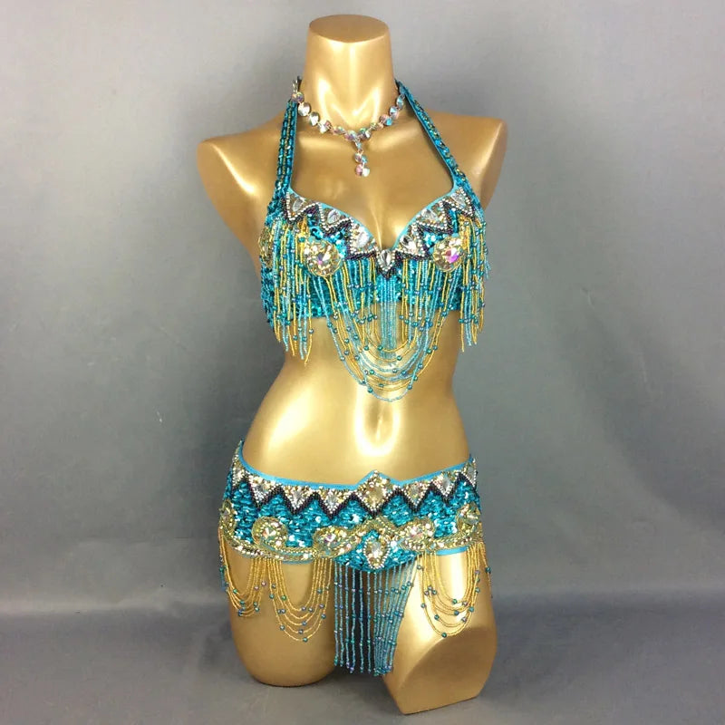 Belly Dance Costume Women Gold Sequin Beaded Fringe Halter Top and Belt Set with Rhinestone Necklace