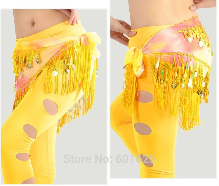 Belly Dance Hip Scarf, Women's Blue Tie-Dye Fringe & Sequin Coin Belt, Asymmetrical Tassel Skirt for Tribal Fusion & Practice