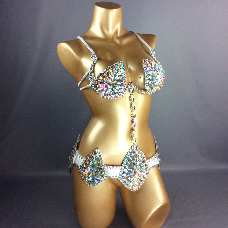 Samba Carnival Bra Belt Rainbow Stone bra and belt Handmade wire bra C011-2 free shipping
