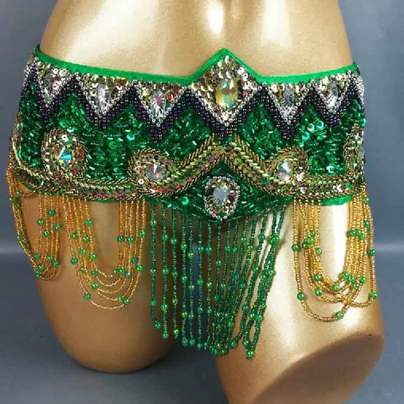 Belly Dance Hip Scarf, Women's Royal Blue Sequin & Bead Embellished Hip Belt with Gold & Iridescent Fringe, Tribal Fusion Dancewear