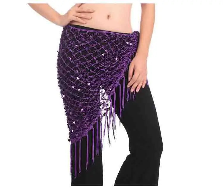 Women's Blue Sequin Mesh Fringe Belly Dance Hip Scarf