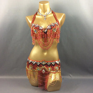 Belly Dance Costume Women Gold Sequin Beaded Fringe Halter Top and Belt Set with Rhinestone Necklace
