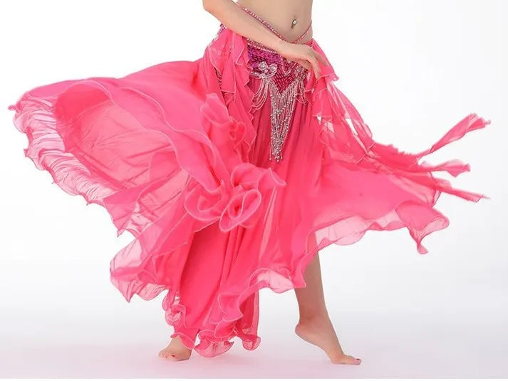 Belly Dance Skirt, Women's Pink Chiffon Ruffle Tiered Maxi Skirt, Flowy Tribal Dancewear