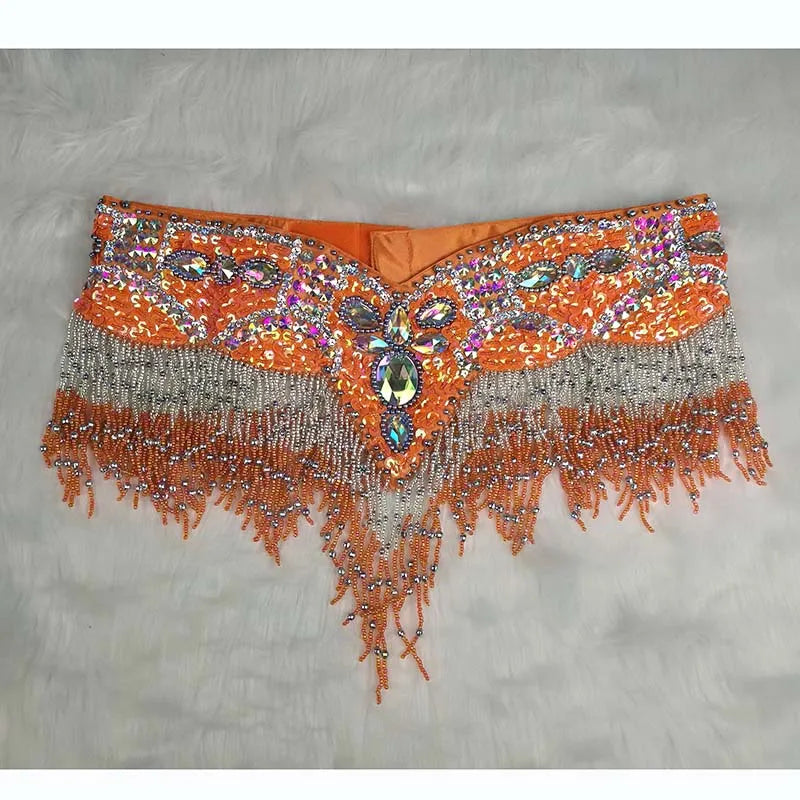 Belly Dance Hip Scarf, Women's Black & Silver Sequin Beaded Fringe Hip Belt, Tribal Dance Skirt