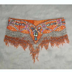 Belly Dance Hip Scarf, Women's Black & Silver Sequin Beaded Fringe Hip Belt, Tribal Dance Skirt