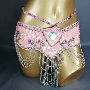 Belly Dance Hip Scarf, Women's Aqua Blue Sequin Beaded Tassel Belt, Professional Performance Costume