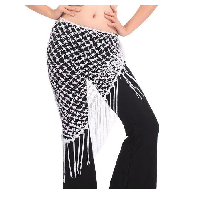 Women's Blue Sequin Mesh Fringe Belly Dance Hip Scarf
