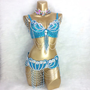 Belly Dance Costume, Women's Turquoise Sequin Beaded Chiffon Bra and Belt Set with Rhinestone Choker