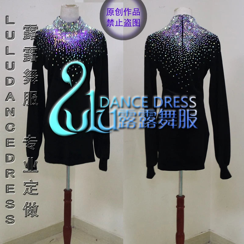 Ballroom Dance Top Women's Black Rhinestone Long Sleeve Stretch Velvet Latin Dance Shirt