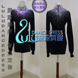 Ballroom Dance Top Women's Black Rhinestone Long Sleeve Stretch Velvet Latin Dance Shirt