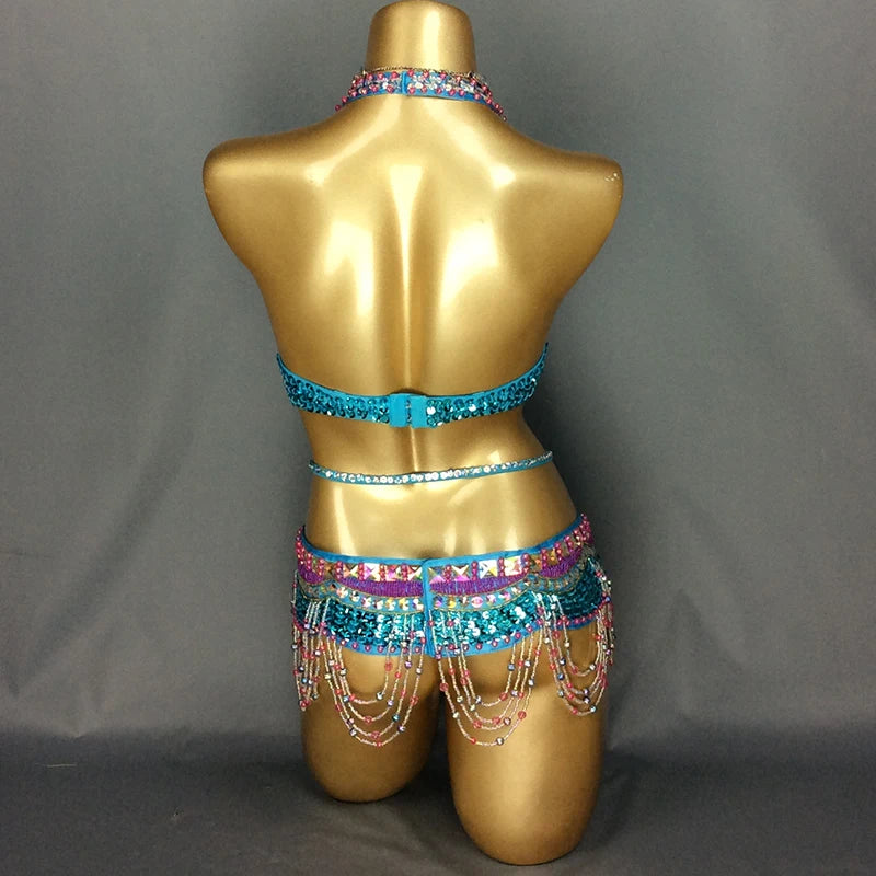Belly Dance Costume Women's White Beaded Halter Bra and Belt Set with Iridescent Sequins and Dangling Chains