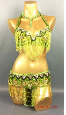 Belly Dance Costume Women Gold Sequin Beaded Fringe Halter Top and Belt Set with Rhinestone Necklace