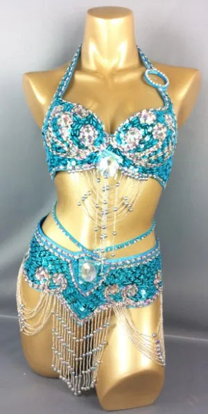 Belly Dance Costume, Women's Gold Sequin & Rhinestone Halter Bra & Hip Scarf Set with Beaded Fringe, Professional Performance Wear