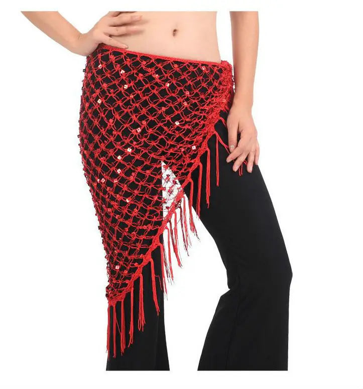 Women's Blue Sequin Mesh Fringe Belly Dance Hip Scarf