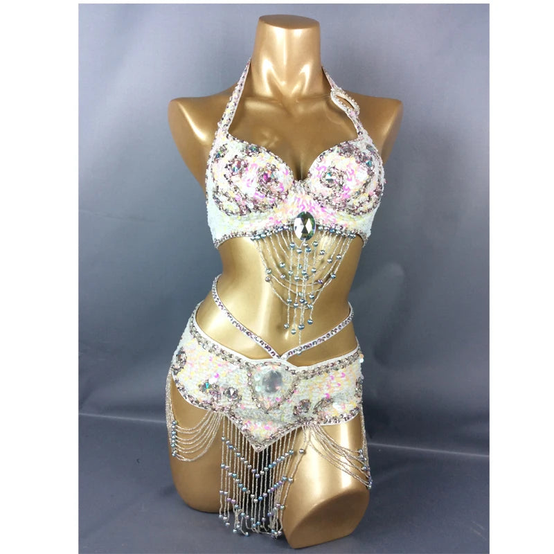 Belly Dance Costume, Women's Gold Sequin & Rhinestone Halter Bra & Hip Scarf Set with Beaded Fringe, Professional Performance Wear