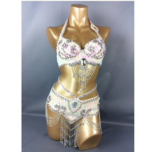 Belly Dance Costume, Women's Gold Sequin & Rhinestone Halter Bra & Hip Scarf Set with Beaded Fringe, Professional Performance Wear