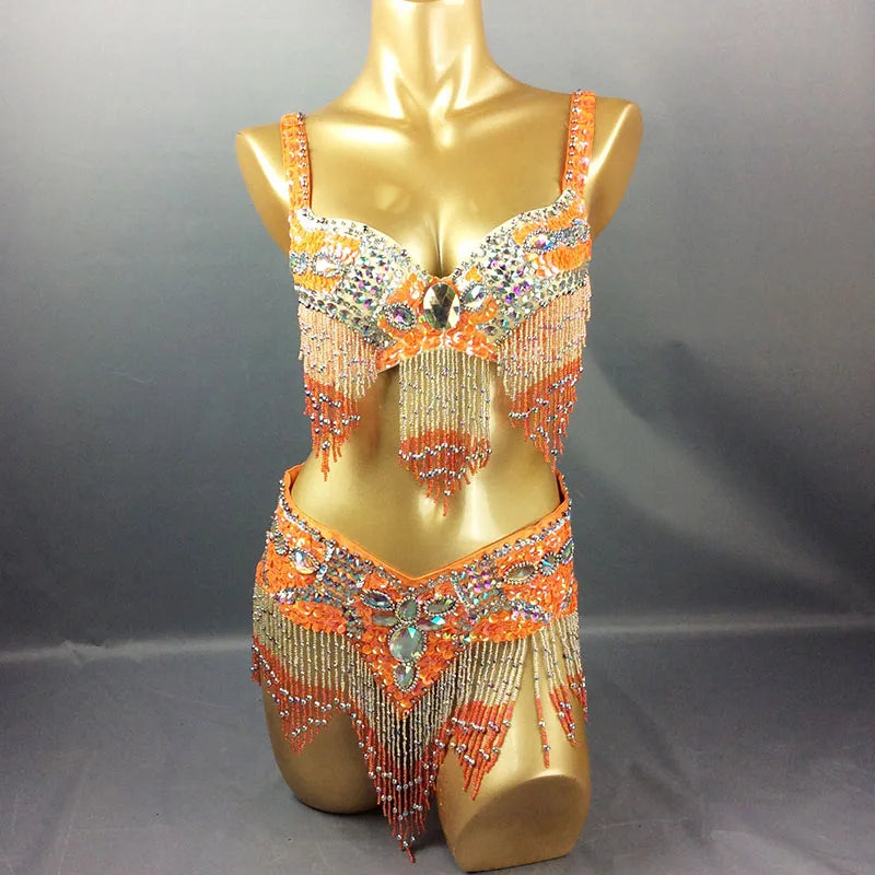 Women's Black & Silver Beaded Sequin Fringe Belly Dance Costume Set