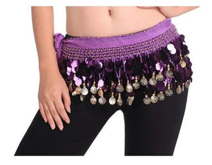 Belly Dance Hip Scarf for Women, Blue Sequin & Coin Fringe, Chiffon & Spandex, Tribal Fusion Bellydance