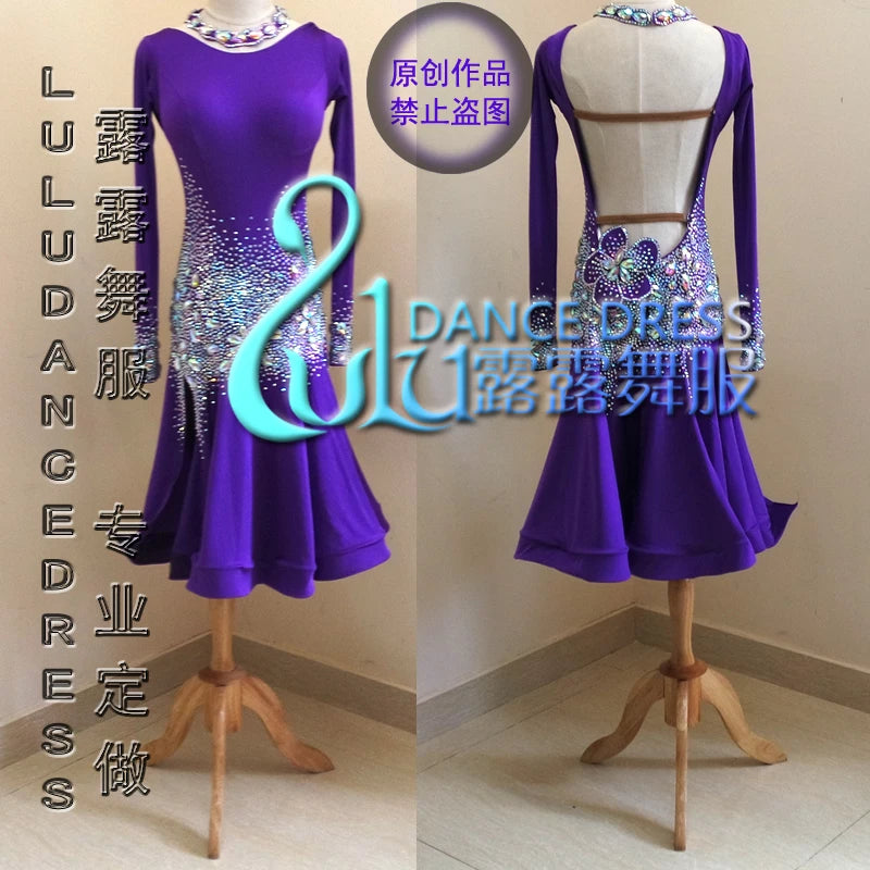 Women's Purple Embellished Long Sleeve Latin Dance Dress with Open Back