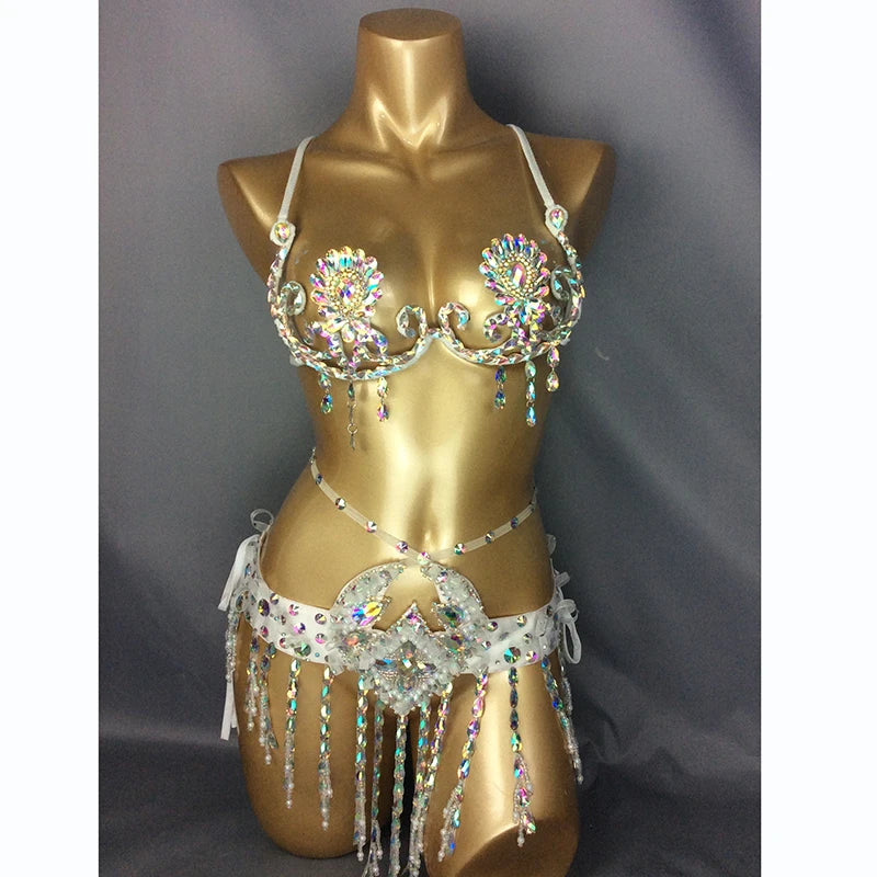 Belly Dance Bra and Belt Set, Women's Red Sequin Rhinestone Beaded Halter Top and Hip Scarf, Cabaret Dancewear