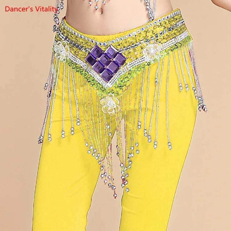 Belly Dance Hip Scarf, Women's Red Sequin & Beaded Fringe Hip Belt for Performance & Practice