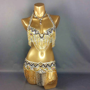 Belly Dance Costume Women Gold Sequin Beaded Fringe Halter Top and Belt Set with Rhinestone Necklace