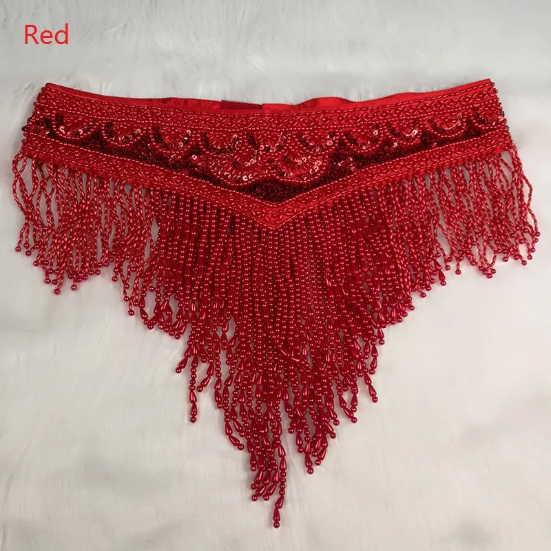 Belly Dance Hip Scarf, Women's Red Beaded Sequin Fringe Tassel Skirt, Latin Dance Costume Accessory