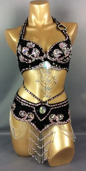 Belly Dance Costume, Women's Gold Sequin & Rhinestone Halter Bra & Hip Scarf Set with Beaded Fringe, Professional Performance Wear