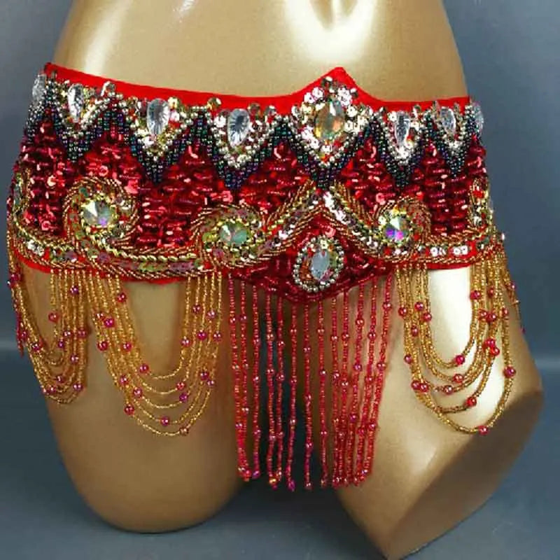 Belly Dance Hip Scarf, Women's Royal Blue Sequin & Bead Embellished Hip Belt with Gold & Iridescent Fringe, Tribal Fusion Dancewear