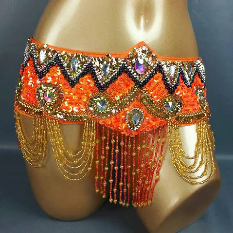 Belly Dance Hip Scarf, Women's Royal Blue Sequin & Bead Embellished Hip Belt with Gold & Iridescent Fringe, Tribal Fusion Dancewear