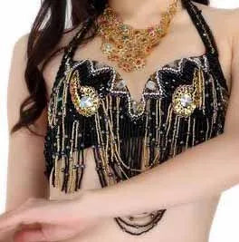 Belly Dance Costume Women Gold Sequin Beaded Fringe Halter Top and Belt Set with Rhinestone Necklace