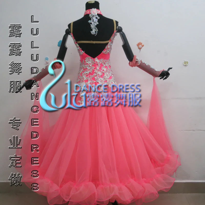 Ballroom Dance Dress Women's Pink Sequin Lace Tulle Full Skirt with Ruffles and Armbands