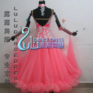 Ballroom Dance Dress Women's Pink Sequin Lace Tulle Full Skirt with Ruffles and Armbands