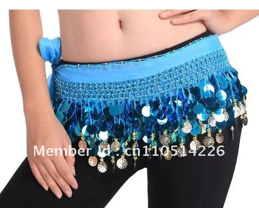 Belly Dance Hip Scarf for Women, Blue Sequin & Coin Fringe, Chiffon & Spandex, Tribal Fusion Bellydance
