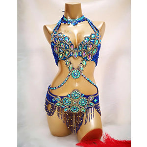 Women's Blue Embellished Halter Neck Sequin & Beaded Belly Dance Costume