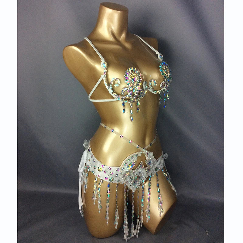 Belly Dance Bra and Belt Set, Women's Red Sequin Rhinestone Beaded Halter Top and Hip Scarf, Cabaret Dancewear