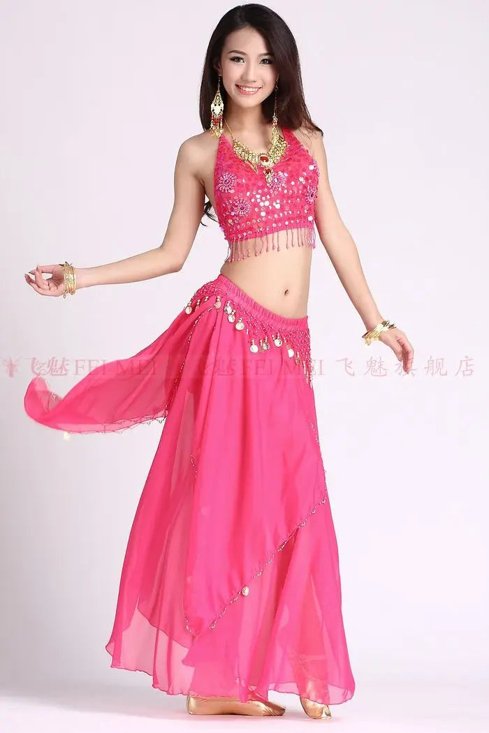 Women's Royal Blue Sequin Halter Belly Dance Costume Set with Coin Skirt