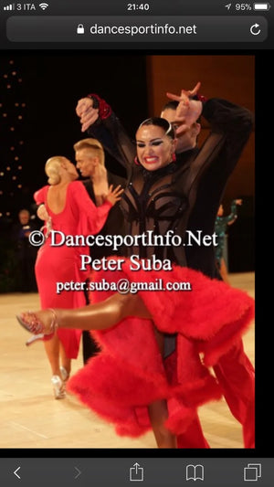 Women's Red and Black Sheer Mesh and Feather Latin Dance Dress with Rhinestone Accents