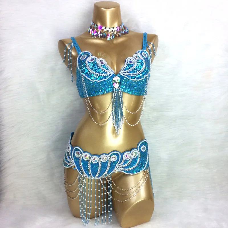 Belly Dance Costume, Women's Red Sequin & Bead Bra and Belt Set with Chains and Iridescent Choker, Performance Wear