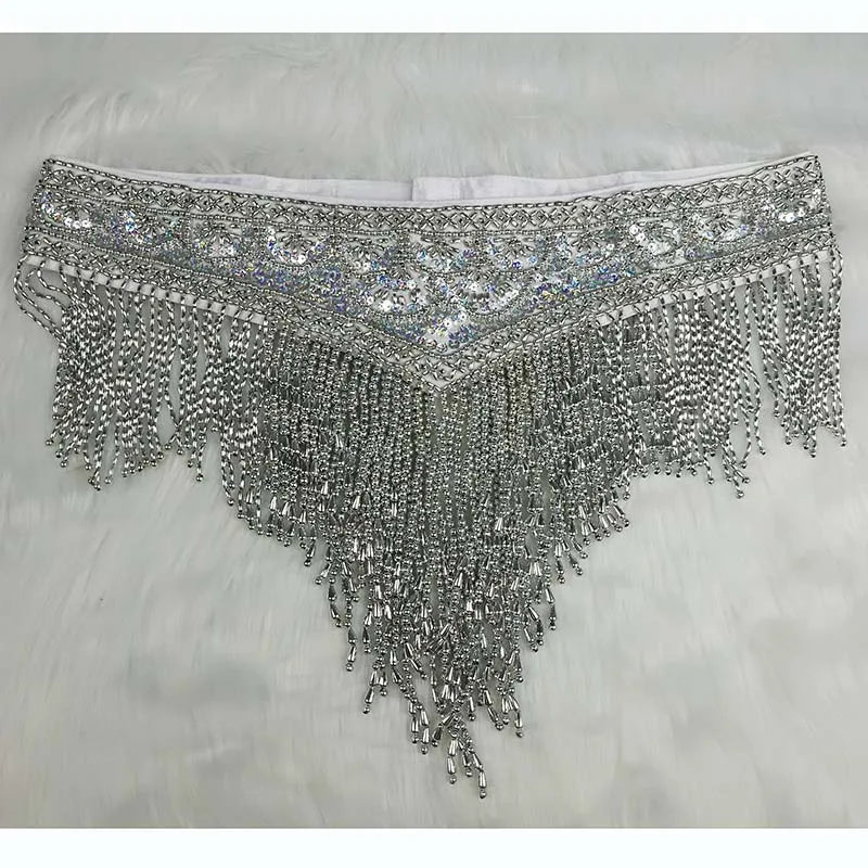 Belly Dance Hip Scarf, Women's Red Beaded Sequin Fringe Tassel Skirt, Latin Dance Costume Accessory